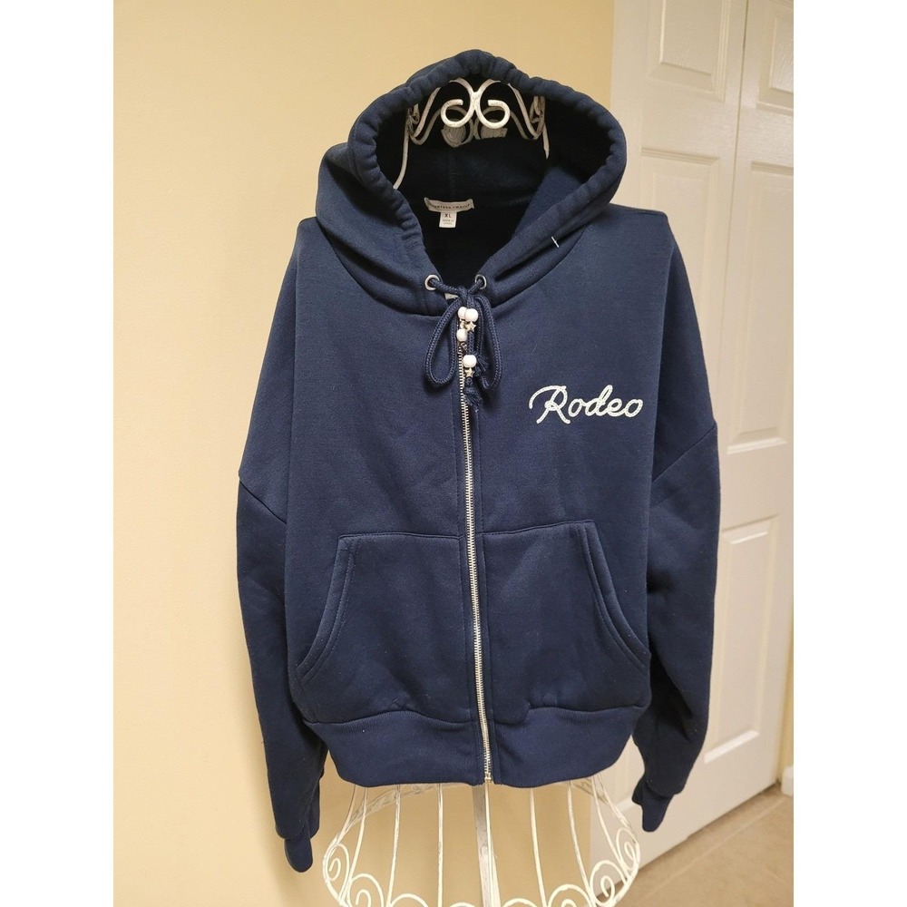 FOURTEEN TWELVE‎ Navy Rodeo Lasso Embroidered Zip Up Hoodie Sweatshirt Womens XL